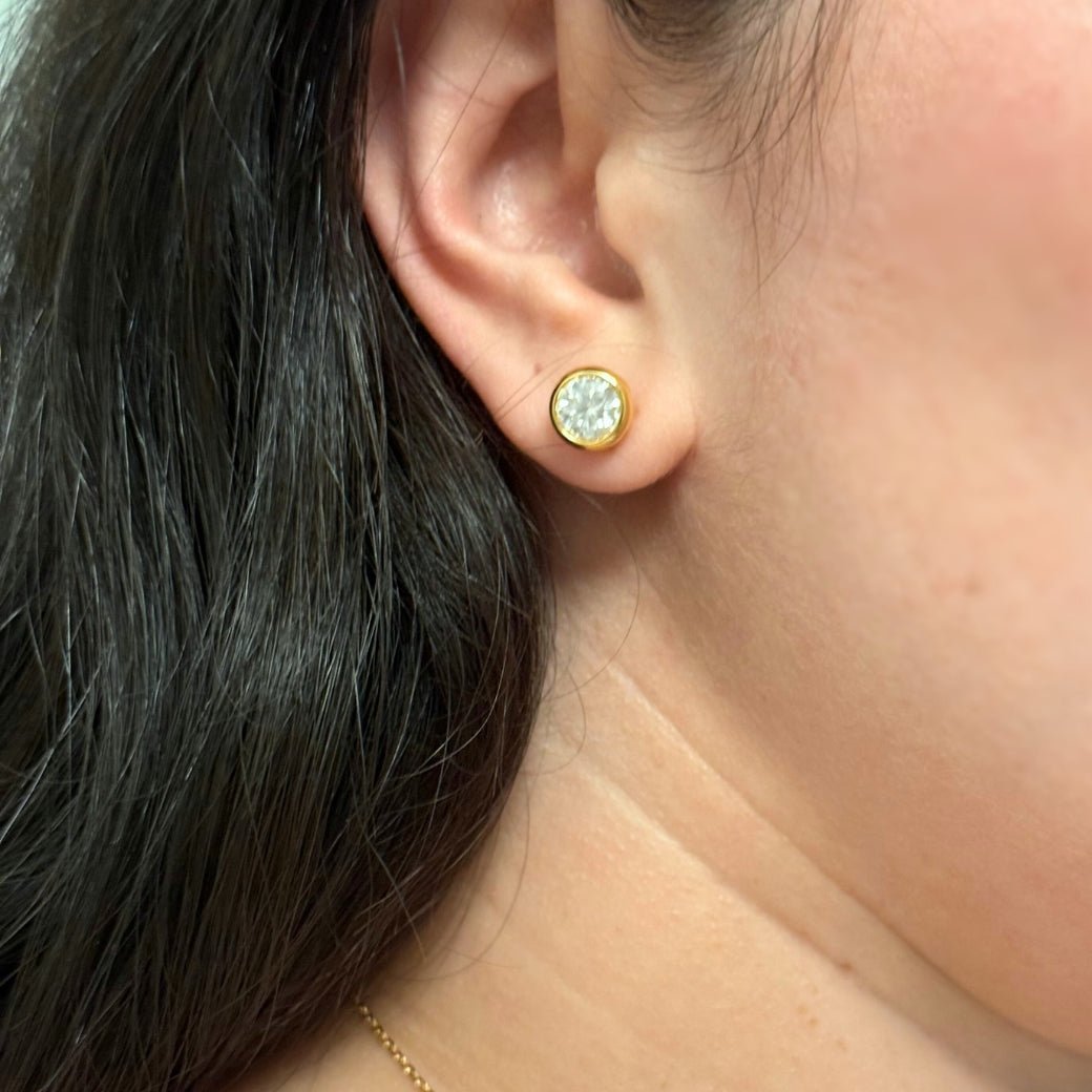 Moissanite Bezel Stud Earrings 18K Gold Plated