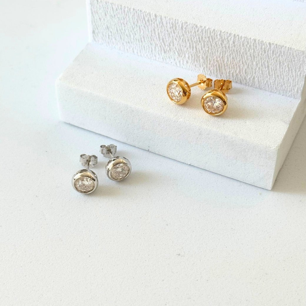 Moissanite Bezel Stud Earrings 18K Gold Plated