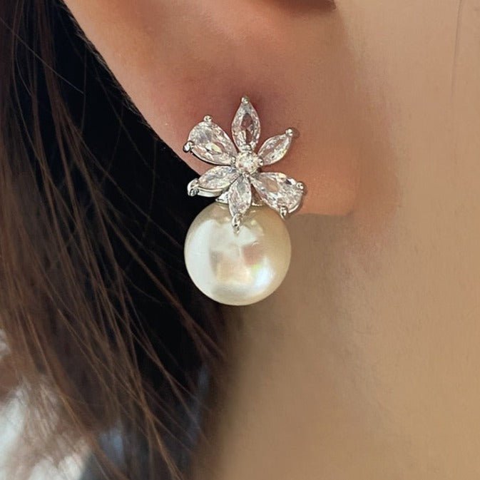 Glamorous Pearl and Crystal Flower Stud Earrings