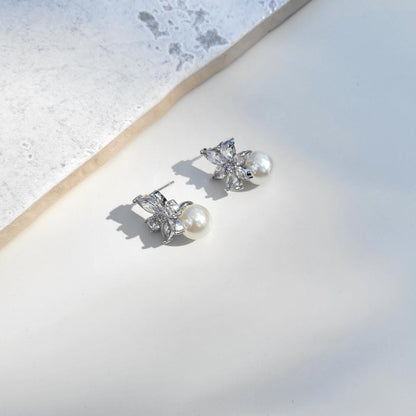 Glamorous Pearl and Crystal Flower Stud Earrings
