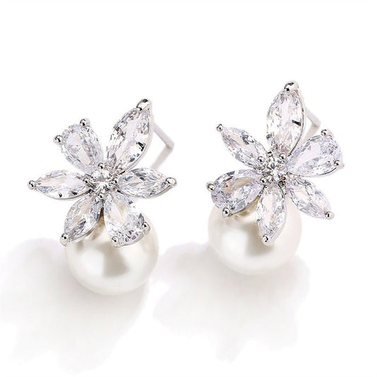 Glamorous Pearl and Crystal Flower Stud Earrings