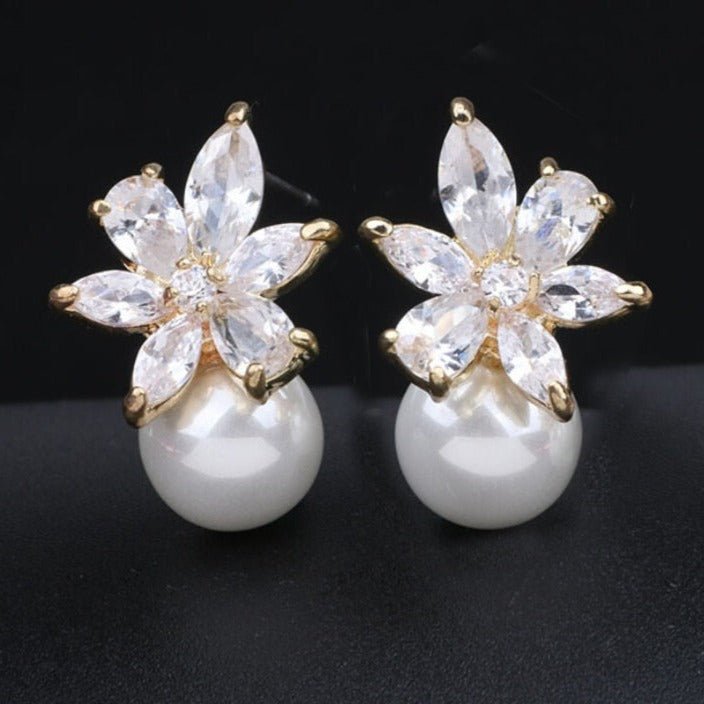Glamorous Pearl and Crystal Flower Stud Earrings